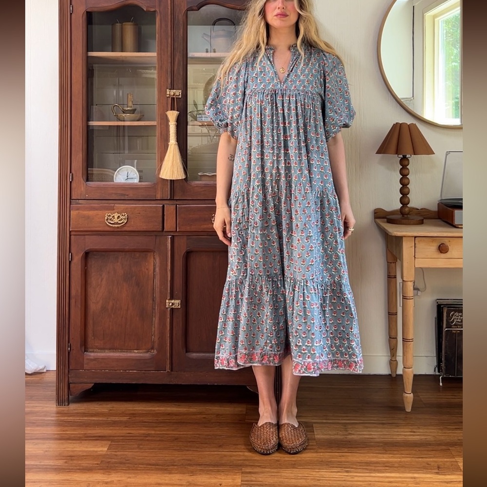 100% Cotton Blue Indian Block Print Maxi Dress Size S Christy Dawn